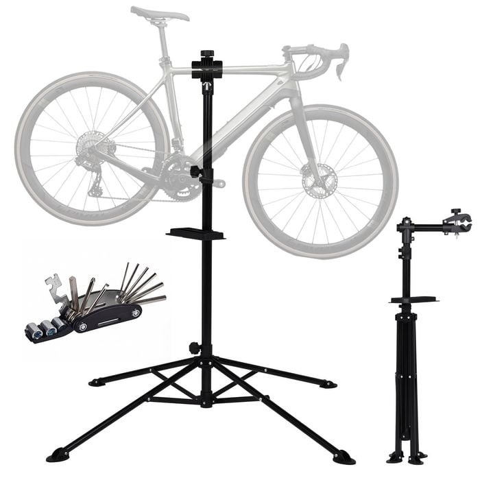 Advwin Bike Repair Stand, 105-190cm Adjustable Height, Foldable & 360° Rotatable 4-Leg Bike Rack w/Tool Tray, Up to 30 KG