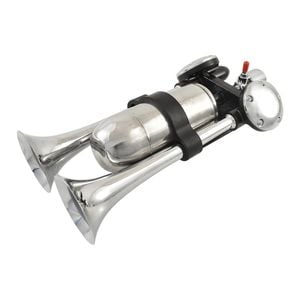 Moby Dick Twin Trumpet Echo Chamber Air Horn, Chrome, 12v 24v