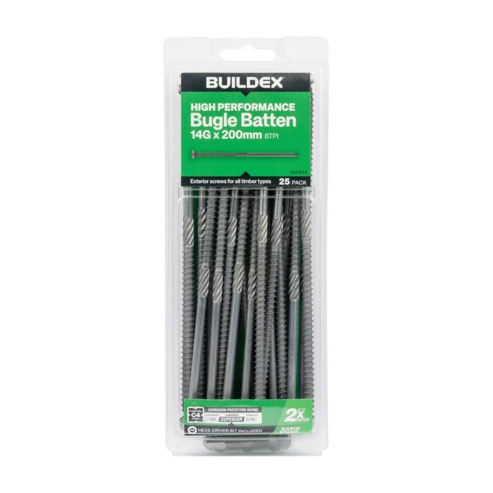 Buildex® 14G x 200mm Class 4 Bugle Batten Screws - 25 pack