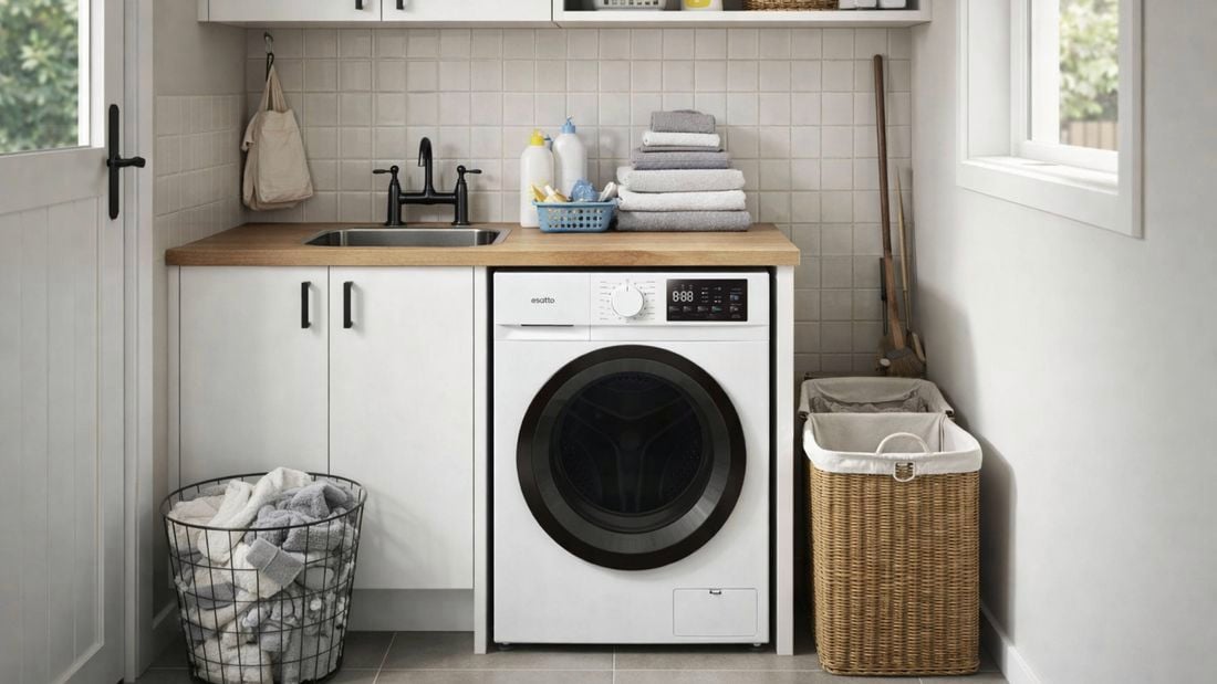 Laundry room with front‑loading washing machine under a wooden benchtop, white cabinetry, black tap and sink, folded towels, cleaning products, wire basket of laundry, and wicker hamper beside a window.