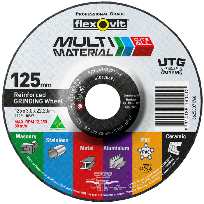 Flexovit 125 x 3 x 22.3mm Multi Material Ultra Thin Reinforced Grinding Wheel