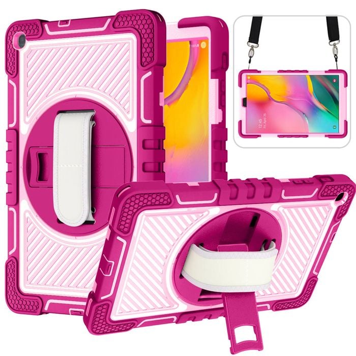 Rugged Stand Shockproof Hybrid Case with Strap For Samsung Tab S7 Plus / S7 FE / S8 Plus (Rose+Pink)