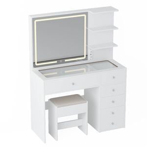 Ufurniture Makeup Vanity Desk Stool Set With Led Mirror Glass Tabletop Power Outlet White