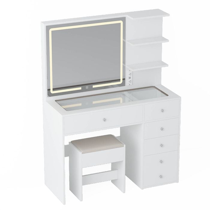 Ufurniture Makeup Vanity Desk Stool Set With Led Mirror Glass Tabletop Power Outlet White