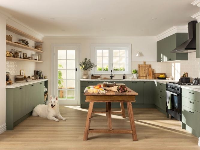Large white dog sitting on the floor of a deep green farmhouse style kitchen