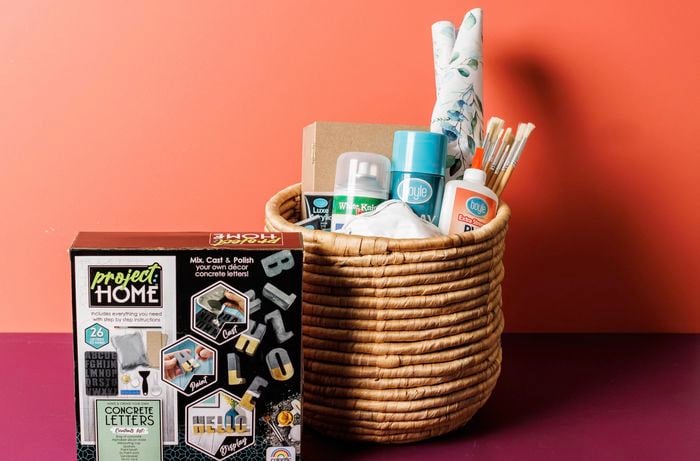 Close up of a basket filled with craft products.