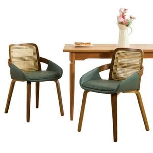 Maxhomm Set Of 2 Green Rattan Dining Chairs, Cane Back Bentwood Chair With Leather Padded Seat