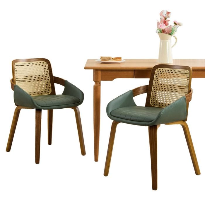 Maxhomm Set Of 2 Green Rattan Dining Chairs, Cane Back Bentwood Chair With Leather Padded Seat