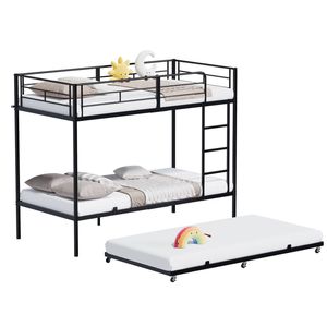 Ufurniture Single Over Single Bunk Bed with Pull Out Bed for Kids, Black
