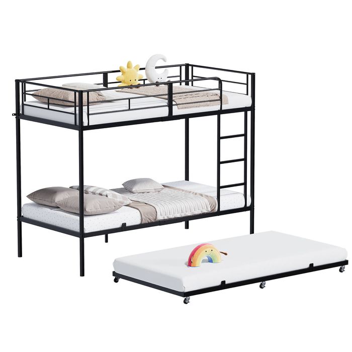 Ufurniture Single Over Single Bunk Bed with Pull Out Bed for Kids, Black