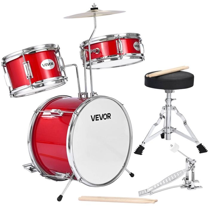 VEVOR 355.6 mm 3-Piece Junior Drum Sets Red with Adjustable Throne for  Ages 6-13