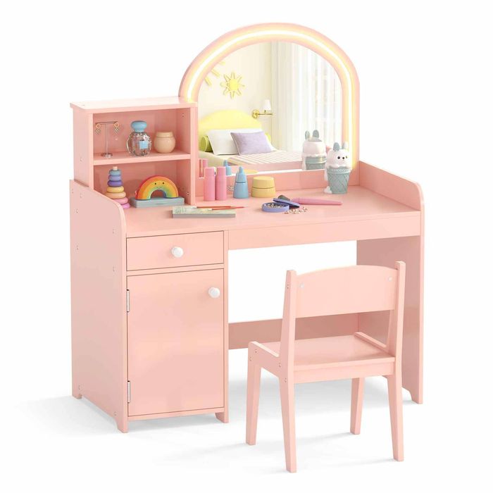 Costway Kids Makeup Vanity Table Study Desk w/2-Color LED Light Pink