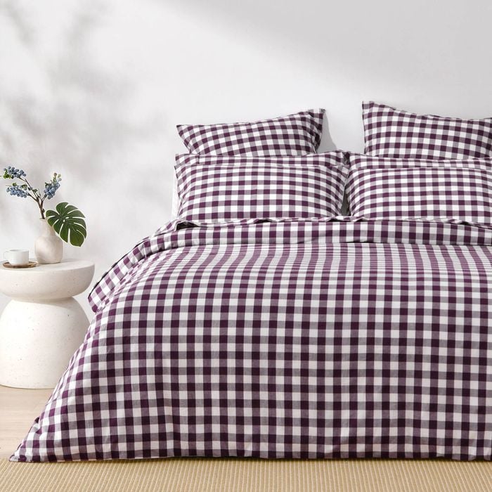 Dreamaker Lola Washed Cotton Yarn Dyed Gingham Quilt Cover Set Plum Double