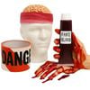 3pc Halloween Costume Set Zombie Brain Skull Cap + Fake Blood Gel & Danger Tape  - Red