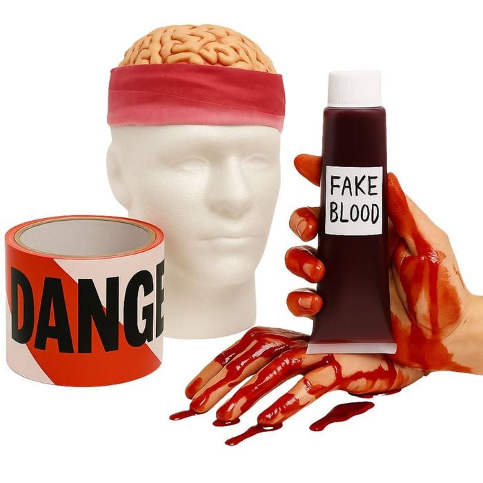 3pc Halloween Costume Set Zombie Brain Skull Cap + Fake Blood Gel & Danger Tape  - Red