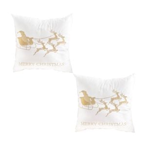 SOGA 2X 45cm White Throw Pillows with Golden Christmas Sleigh Design