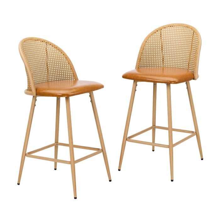 Oikiture 2x Bar Stools Rattan Back PU Leather Brown