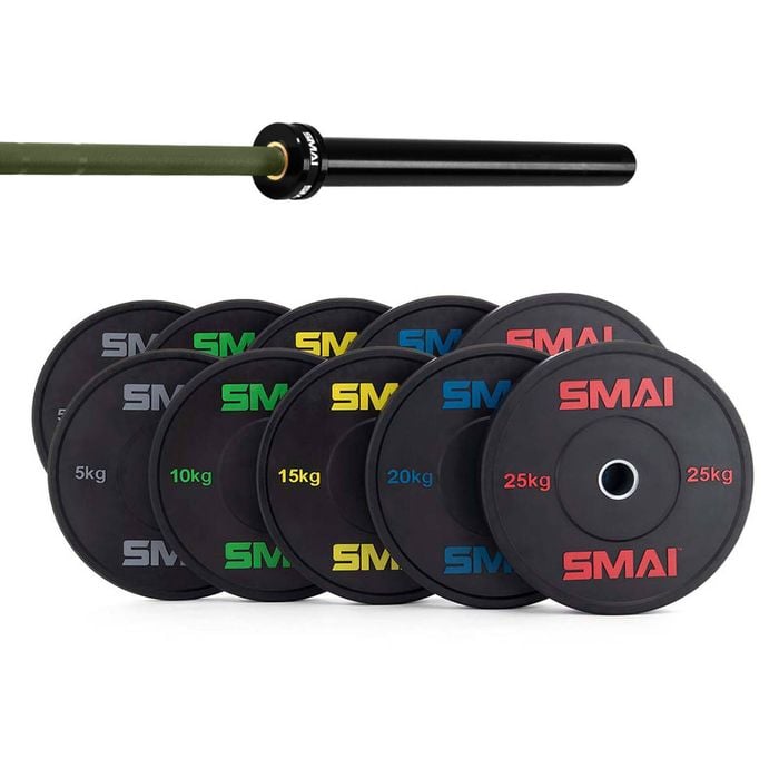 Smai 170kg Hd Bumper Plate Set Inc 20kg Barbell - 20kg Army Green Barbell