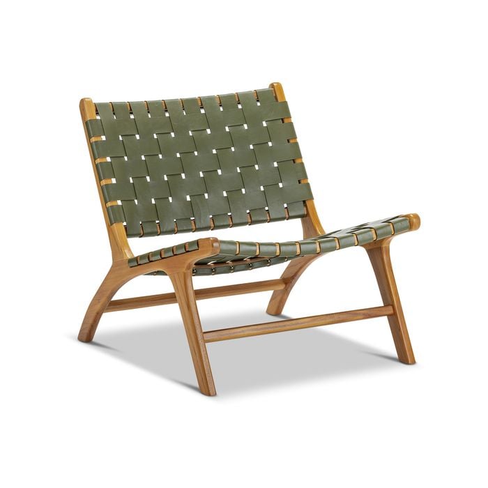 Casey Olive Green Woven Leather Solid Natural Teak Wood Lounge Chair