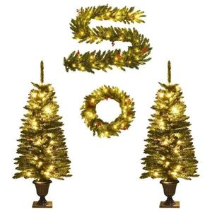 P&P Green Christmas Tree Set with Wreath Garland and LED Lights Entryway Festive Decor