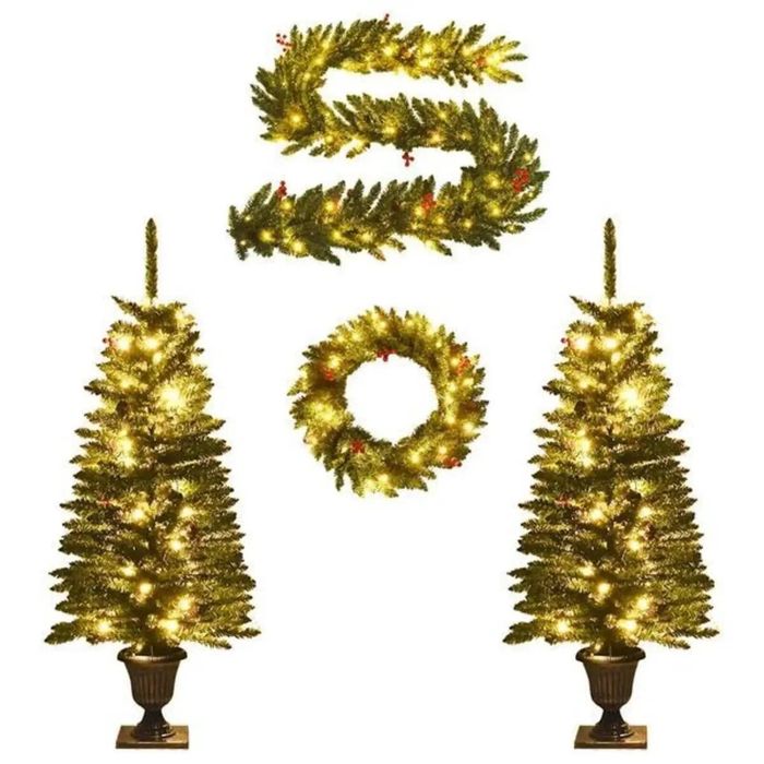 P&P Green Christmas Tree Set with Wreath Garland and LED Lights Entryway Festive Decor