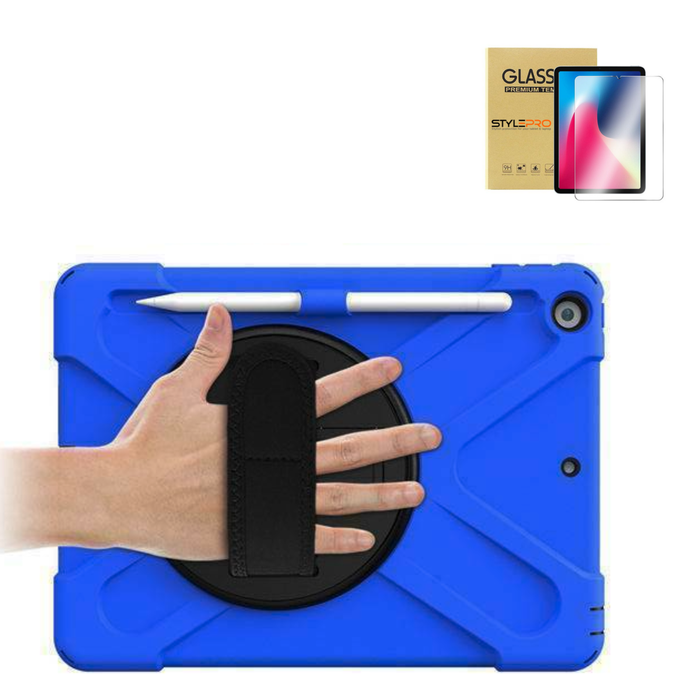StylePro Combo, iPad 7th, 8th, 9th, 10.2” Case With Tempered Glass Screen Protector, Hand Strap & Rotating Stand, 10.2, Blue