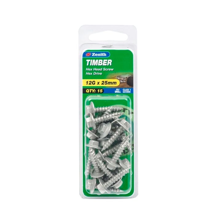 Zenith 12G x 25mm Galvanised Timber Hex Head Screw - 15 Pack