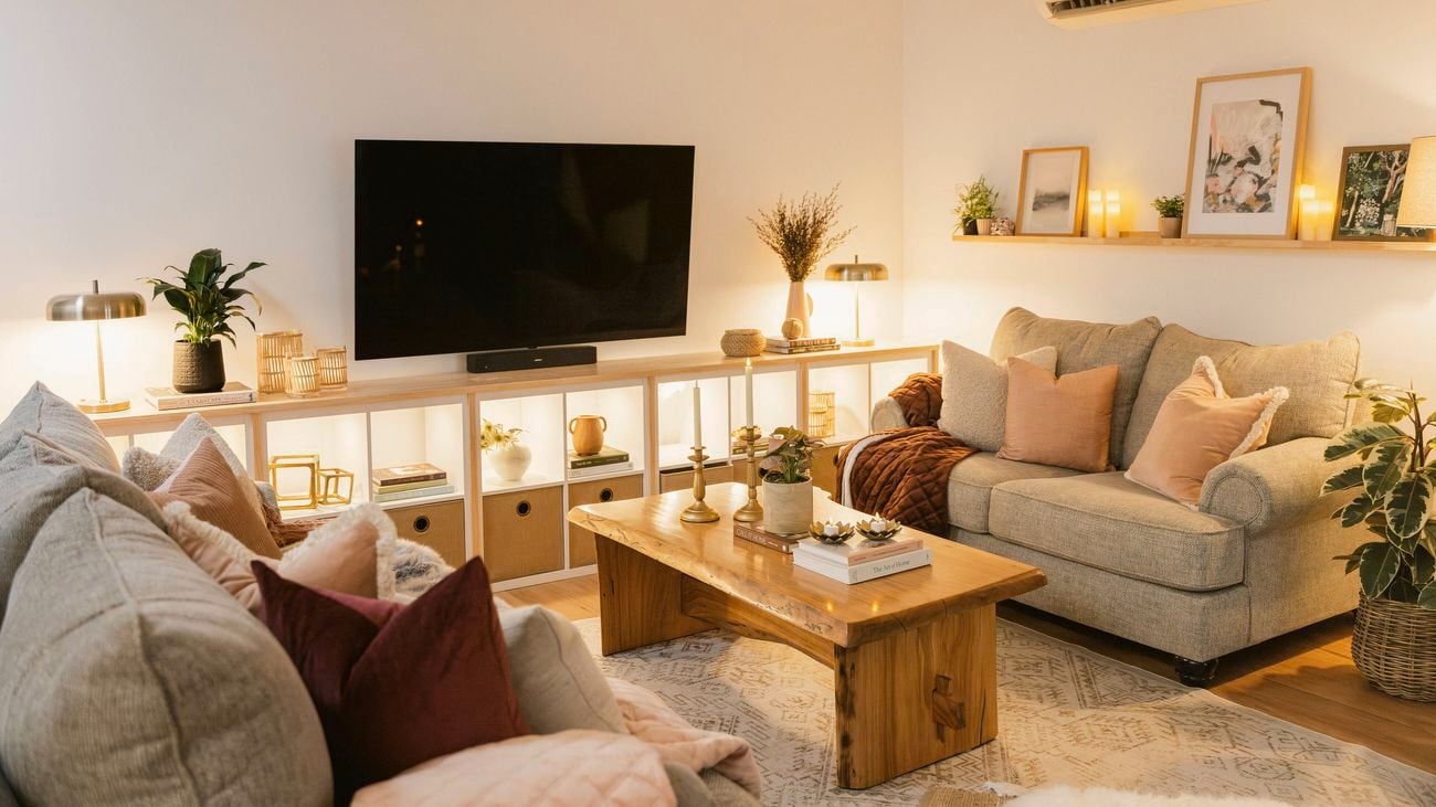 Cosy living room with a TV in the centre of the wall