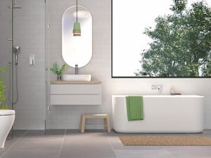 minimalist bathroom with freestanding bath