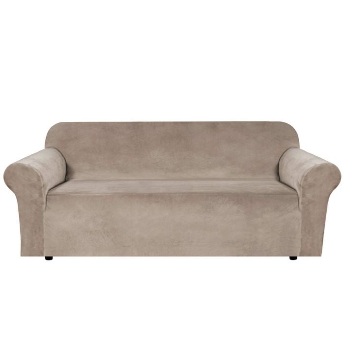 Smarcute 3 Seater Velvet Sofa Couch Cover Non Slip Elastic Stretch Thick Plush Fabric Taupe