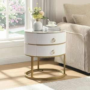 Homfurn Round Nightstand With 2 Drawers, Modern Bedside Table With Sintered Stone Marble Top, White