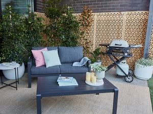 Outdoor sofa in courtyard next to plants and BBQ