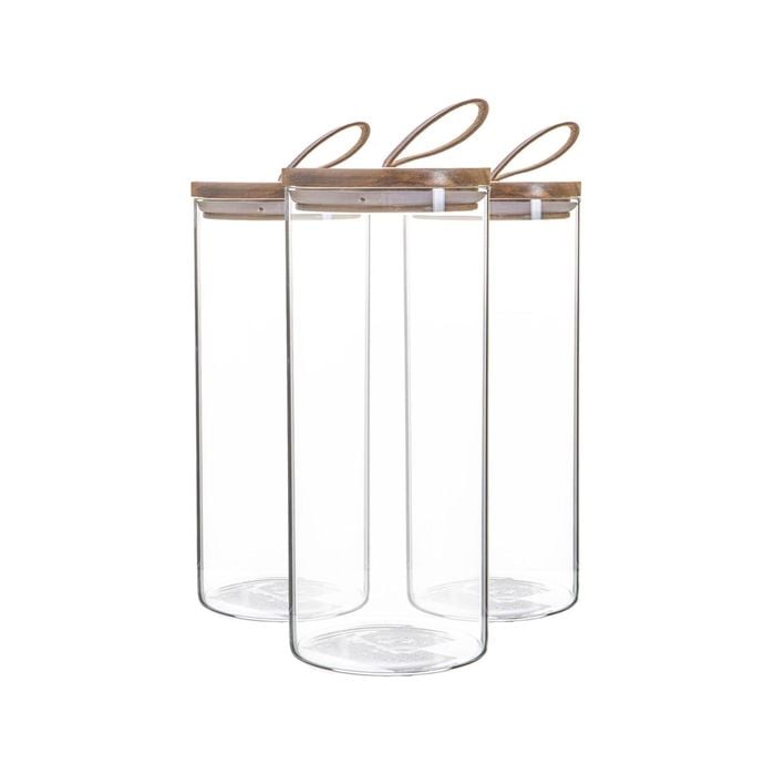 Argon Tableware Glass Storage Jars with Wooden Lids - Leather Loop - 1.5 Litre - Pack of 3