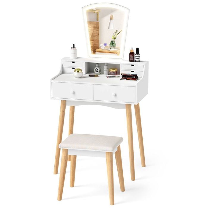 Costway Vanity Table Set Wood Dressing Vanity Table Set W/mirror&cushioned Stool Bedroom White