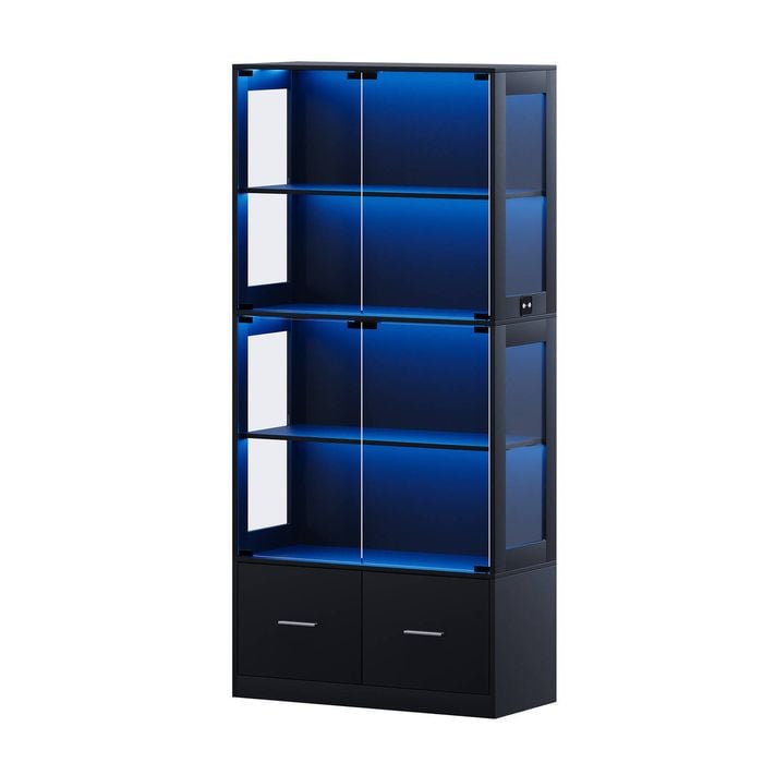 Advwin 4 Tier LED Glass Display Cabinet w/ Drawer 170cm Storage Bookshelf Organizer Hallway Storage Black
