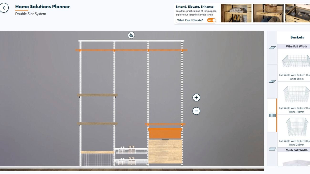 Home Solutions Planner showing a customized double-slot storage system with shelves, wire baskets, drawers, and shoe racks. The baskets category is selected in the product panel on the right.