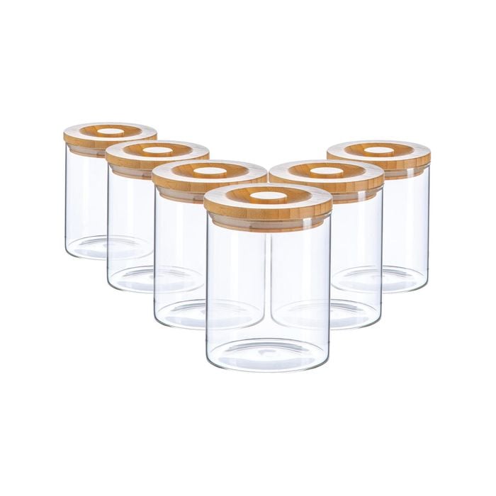 Argon Tableware 6 Piece Glass Jar With Wooden Lid Storage Container Set - Round Scandinavian Style Canister - 750ml