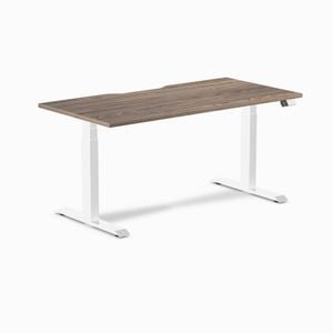 Desky Dual Natural Walnut Scalloped Melamine Sit Stand Desk 150x75cm White Frame Leg