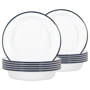 Argon Tableware White Deep Bowls - 22.5cm - Set Of 12 - Navy Blue Metal Enamel Cereal Lightweight Camping Serving Bowls