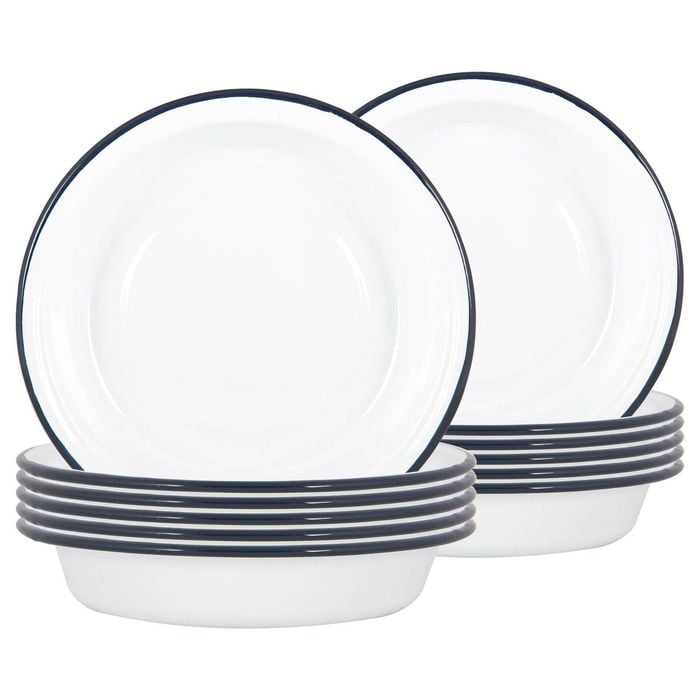 Argon Tableware White Deep Bowls - 22.5cm - Set Of 12 - Navy Blue Metal Enamel Cereal Lightweight Camping Serving Bowls