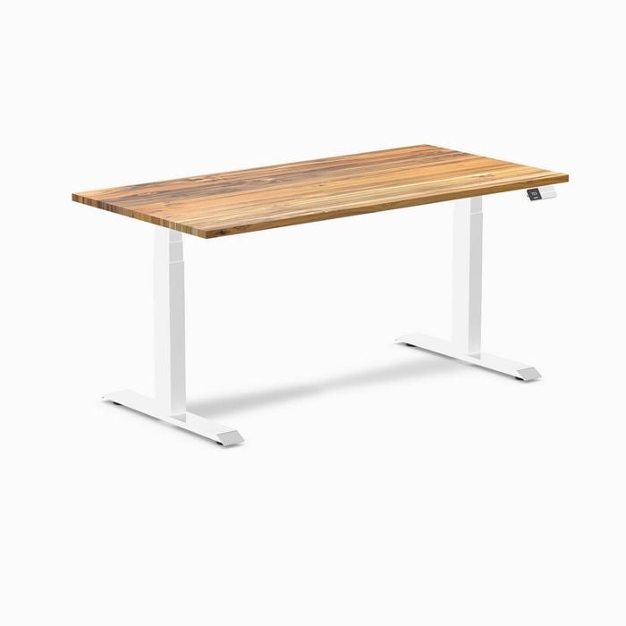 Desky Dual Sit to Stand Teak Hardwood Desk 150x75cm White Frame