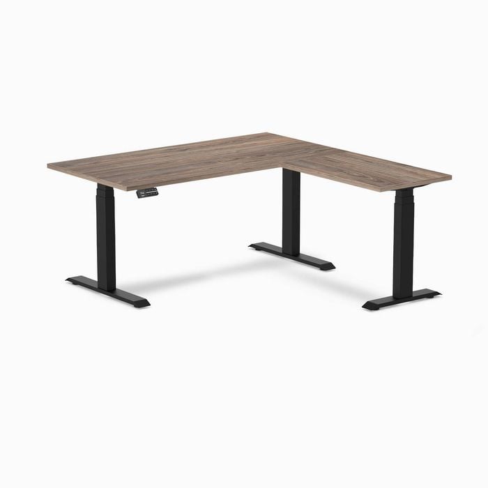 Desky Eco L-Shape Sit to Stand Natural Walnut Melamine Desk 150x155cm Left Return Matte Black Height Adjustable Leg