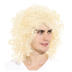 MENS LONG CURLY WIG Costume Party Fancy Long Hair Rock 70s 80s Blonde - Blonde | One-Size