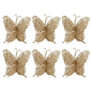 Catzon 6Pcs Glittery Butterfly Ornament with Handles for Christmas-Gold