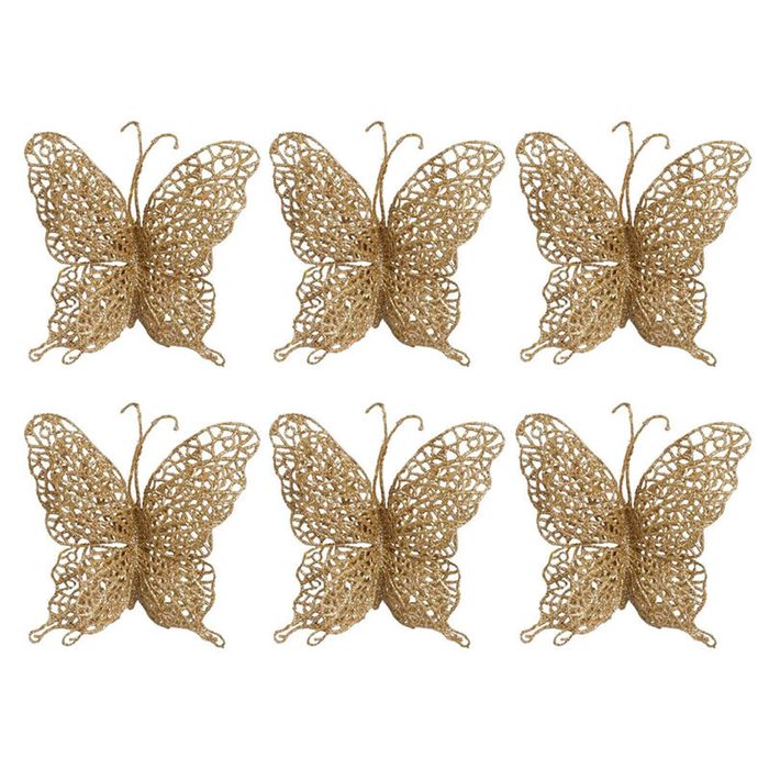 Catzon 6Pcs Glittery Butterfly Ornament with Handles for Christmas-Gold