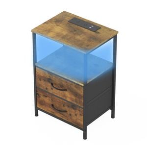 Ufurniture Nightstand with LED Light and Charging Station Industrial End Table 2 Fabric Drawers and Open Shelf Brown