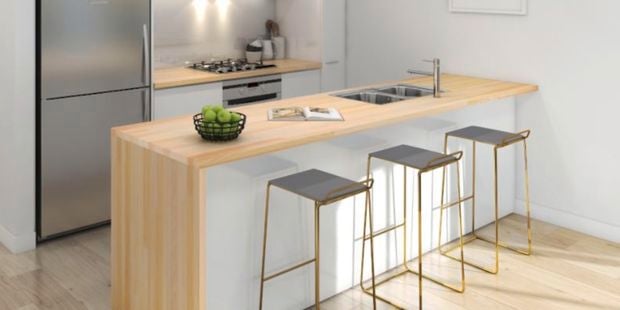 White cabinetry - Wooden timber look benchtop - Stools - Wall art - Kitchen - Think Benchtops - Wide