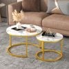 Advwin Nesting Coffee Table Marble Finish 65 & 45cm Gold Frame Round White