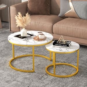 Advwin Nesting Coffee Table Marble Finish 65 & 45cm Gold Frame Round White