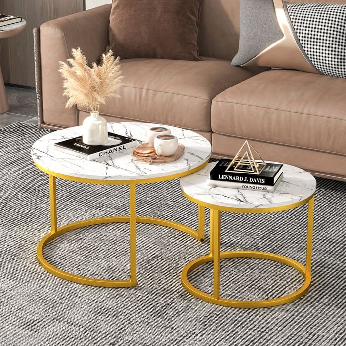 Advwin Nesting Coffee Table Marble Finish 65 & 45cm Gold Frame Round White